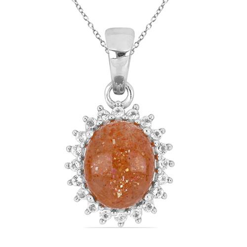 REAL SUNSTONE (ORANGE) GEMSTONE HALO PENDANT IN STERLING SILVER